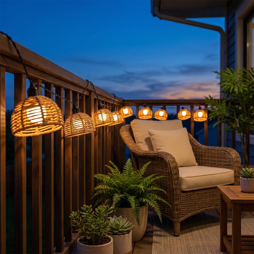 Solar Rattan Boho Hanging String Lights