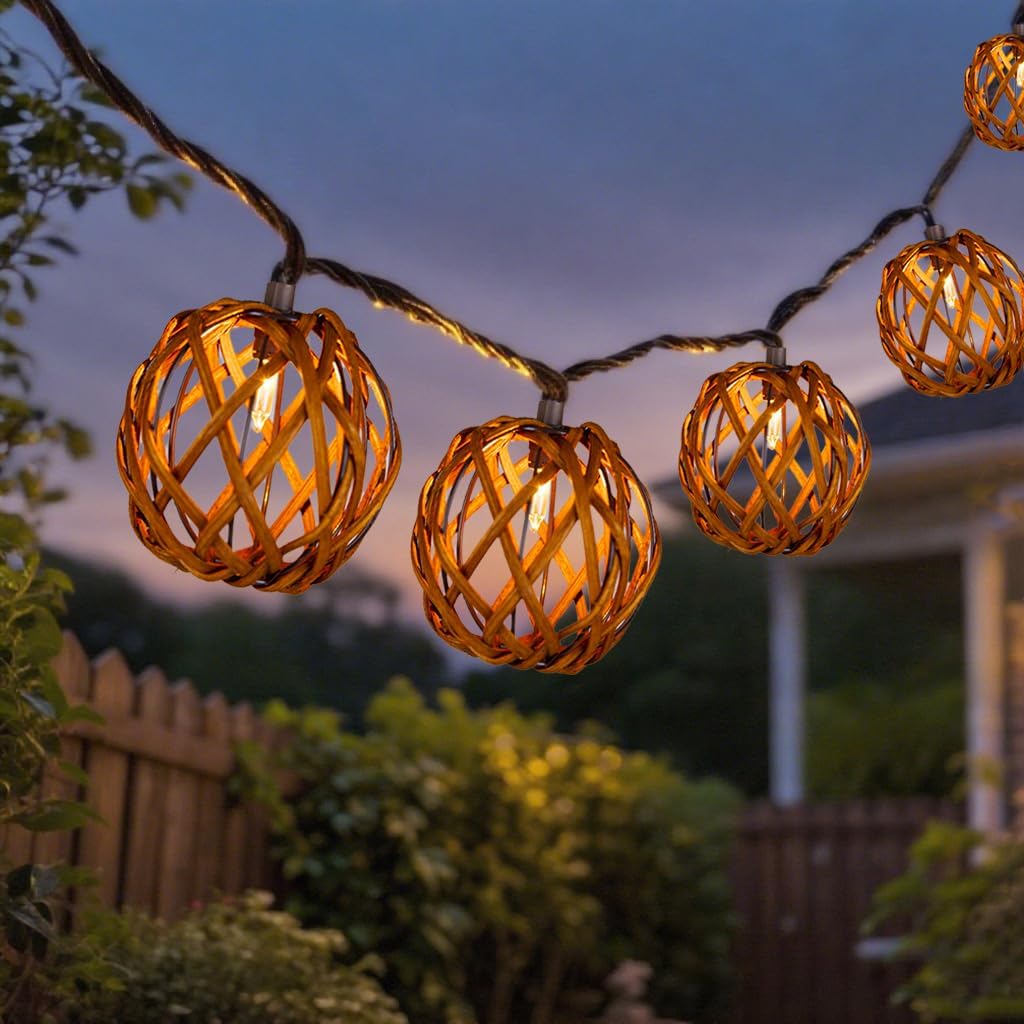 Rattan Boho Patio Lantern String Lights