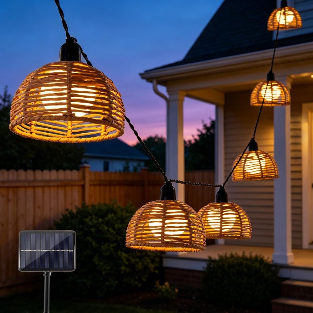 Solar Rattan Boho Hanging String Lights