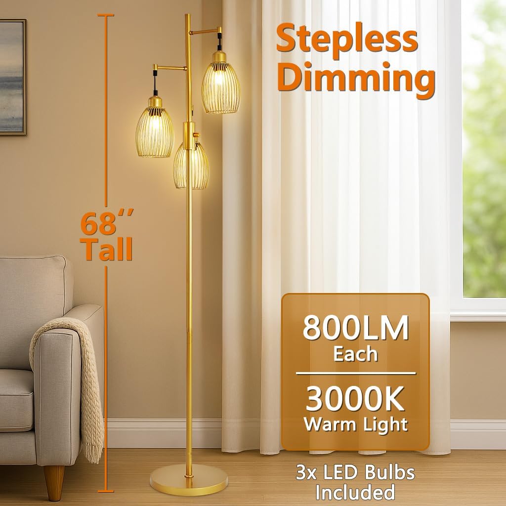 Dimmable Gold Industrial LED Floor Lamp