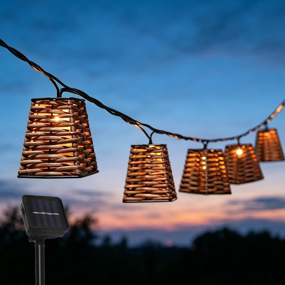 Solar Rattan Boho Lantern String Lights