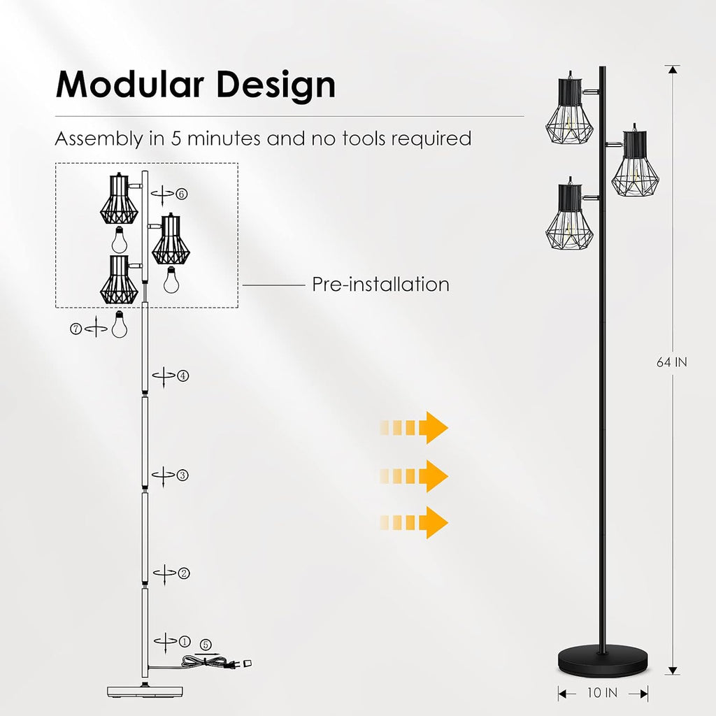 Rustic Cage‑Head Industrial Tree Floor Lamp
