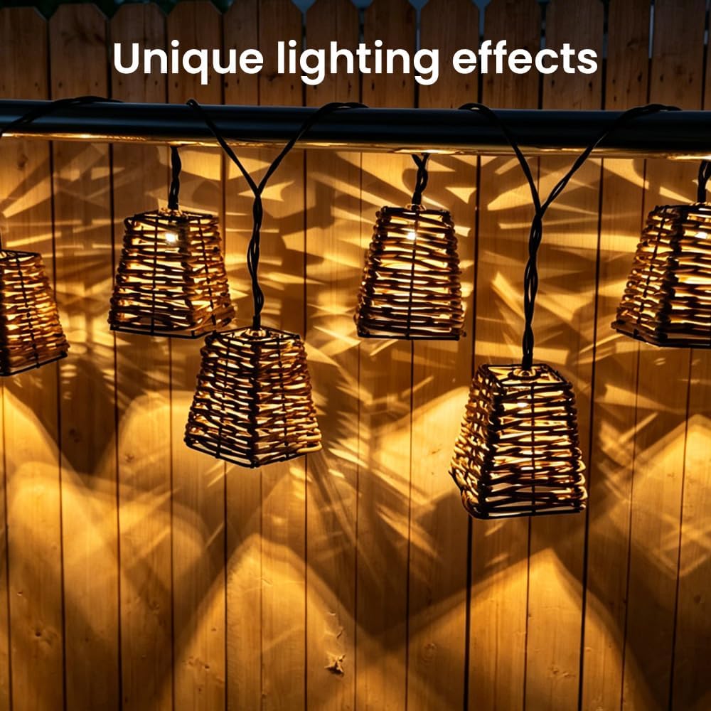 Solar Rattan Boho Lantern String Lights