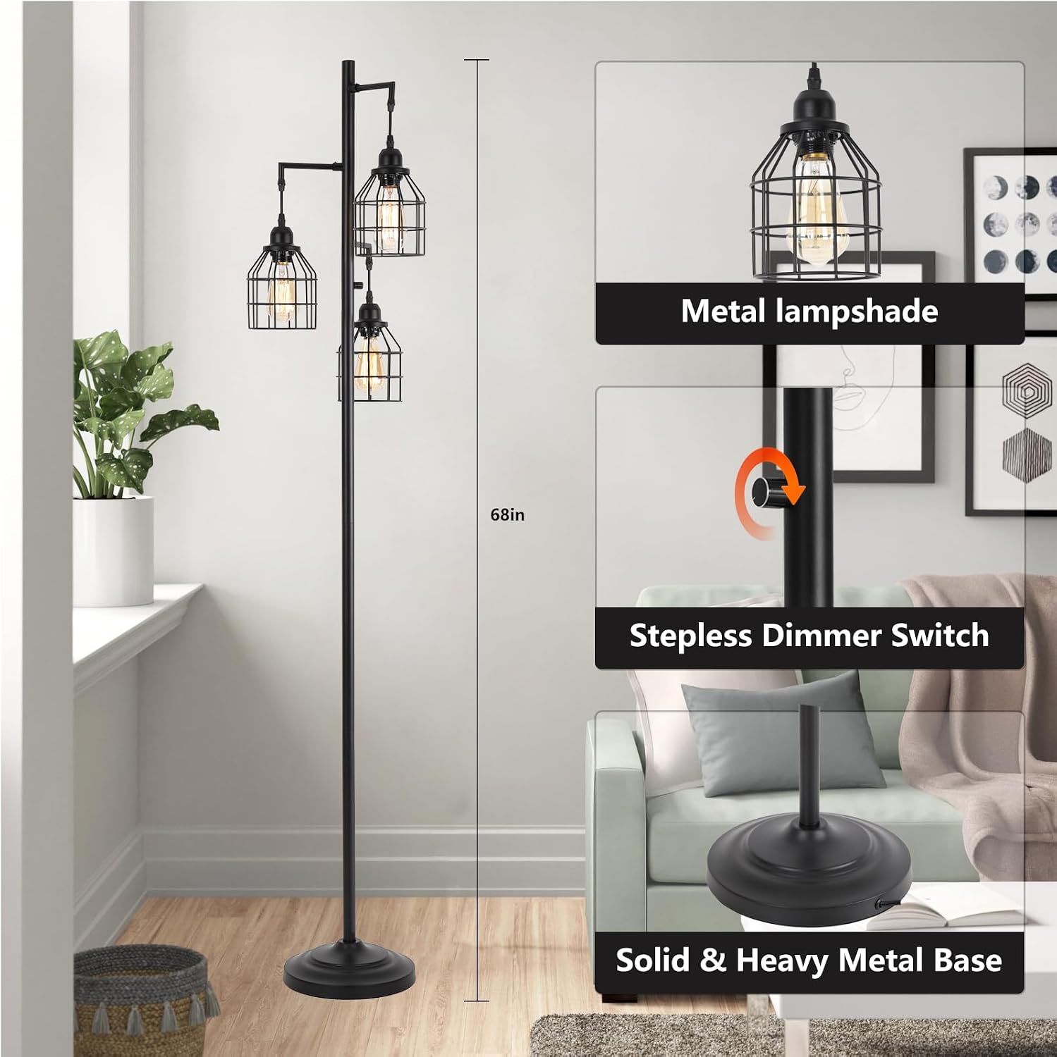 Dimmable Cage Tree Industrial Floor Lamp