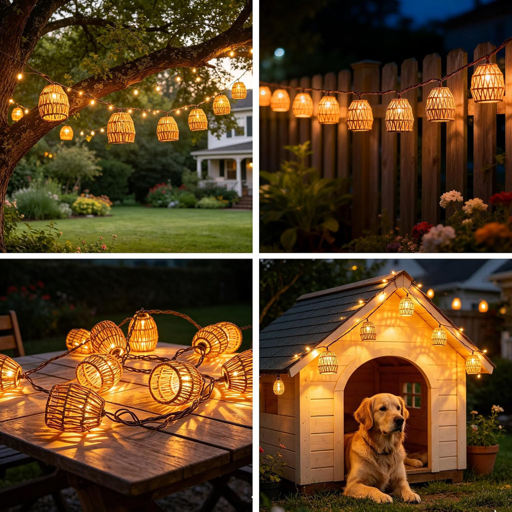 Rattan Boho Patio Lantern String Lights