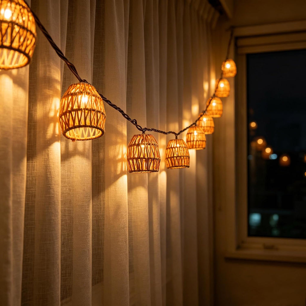 Rattan Boho Patio Lantern String Lights