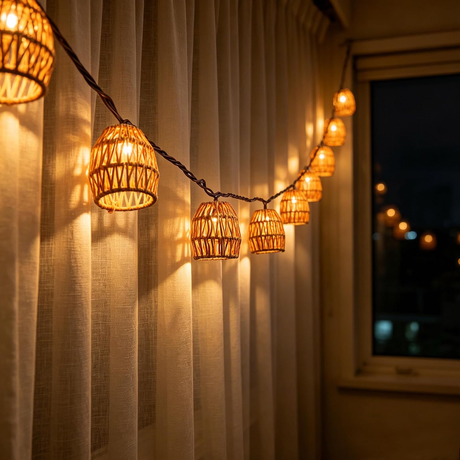 Rattan Boho Patio Lantern String Lights