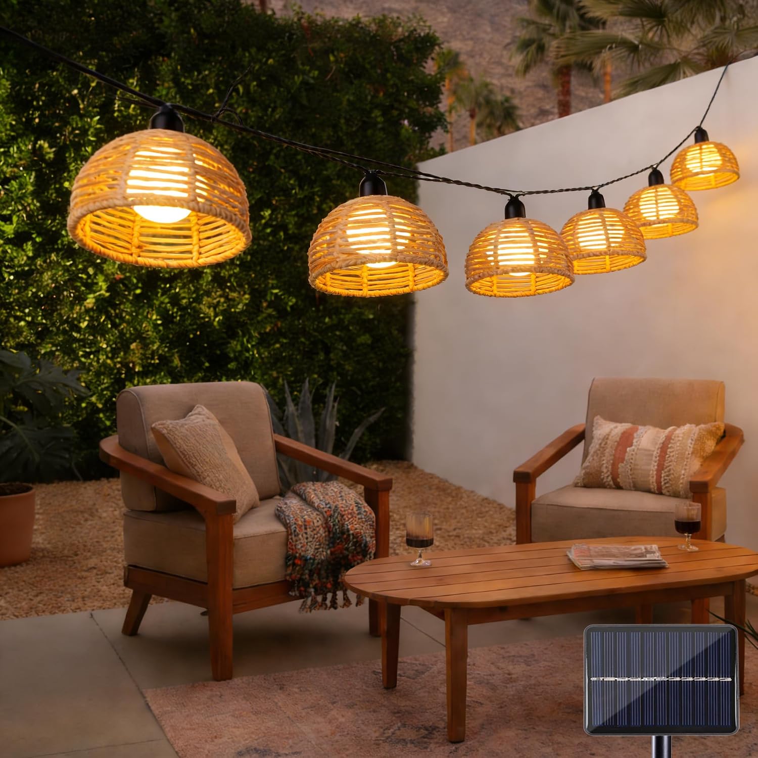 Solar Wicker Boho Patio String Lights