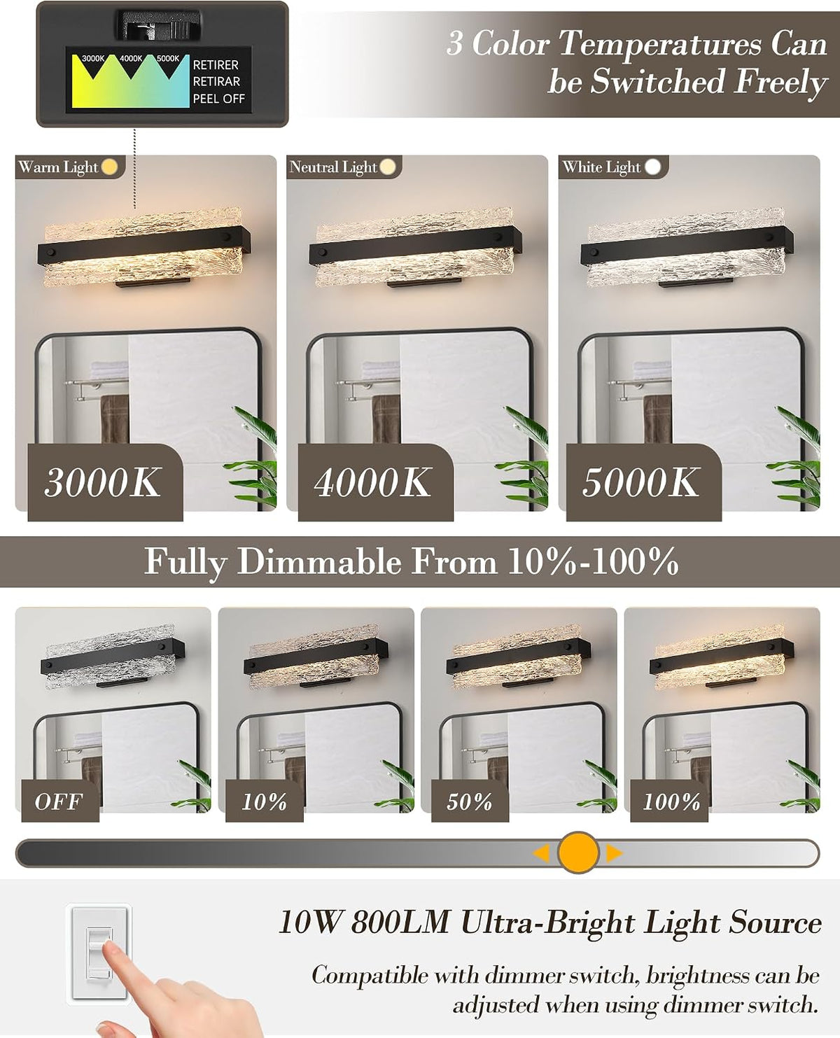 Dimmable Crystal Black LED Bathroom Vanity Light