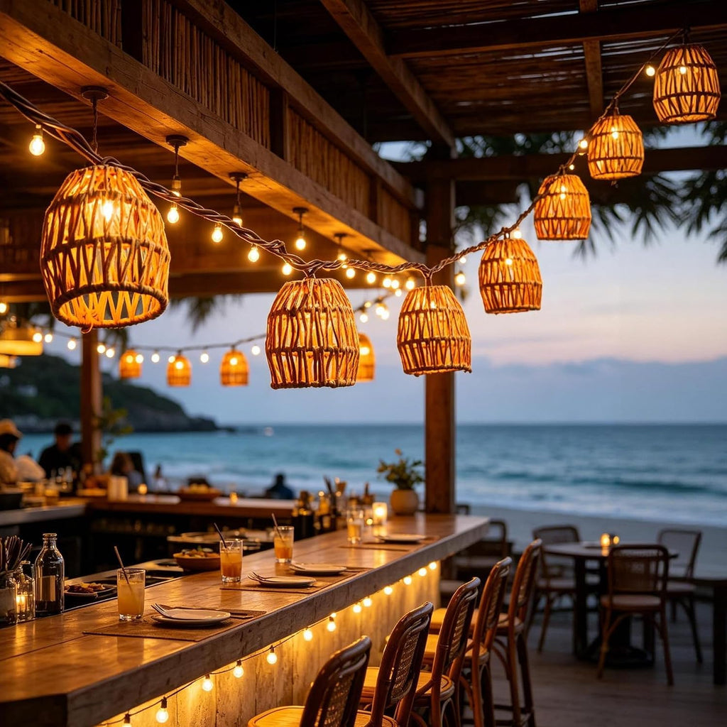 Rattan Boho Patio Lantern String Lights