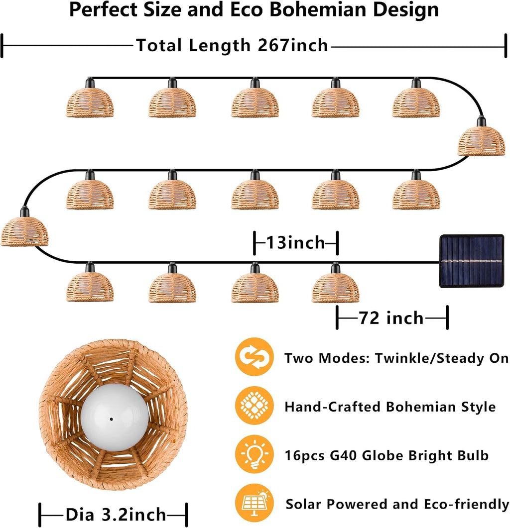 Solar Wicker Boho Patio String Lights
