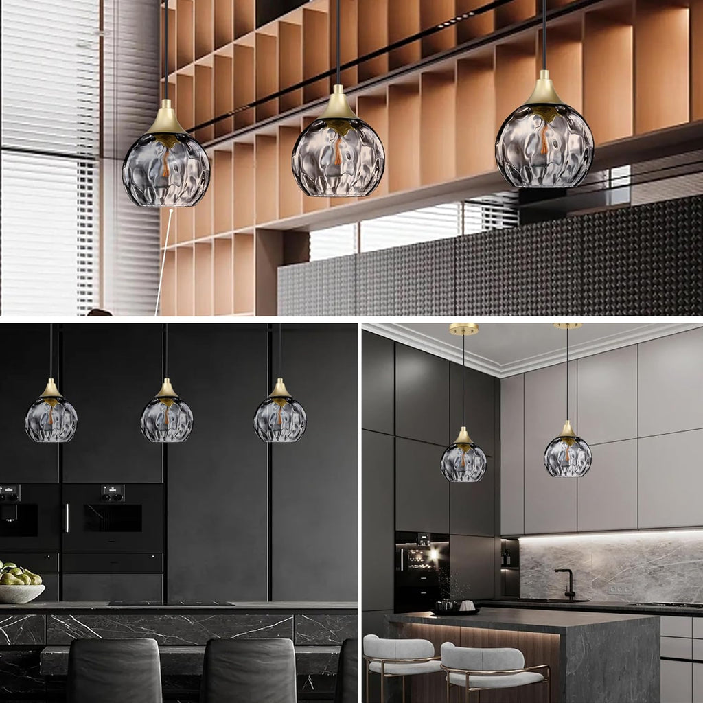 Farmhouse Grey‑Glass Gold Pendant Lights