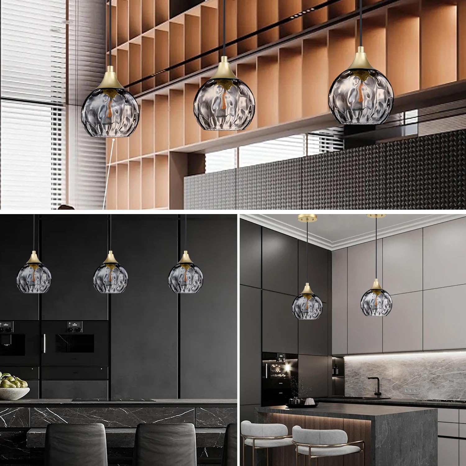 Farmhouse Grey‑Glass Gold Pendant Lights