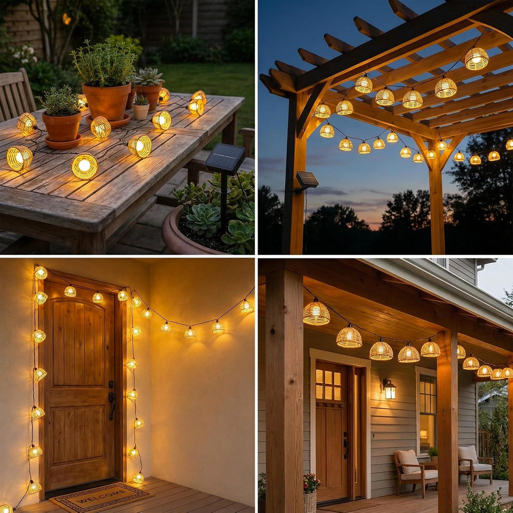 Solar Wicker Boho Patio String Lights