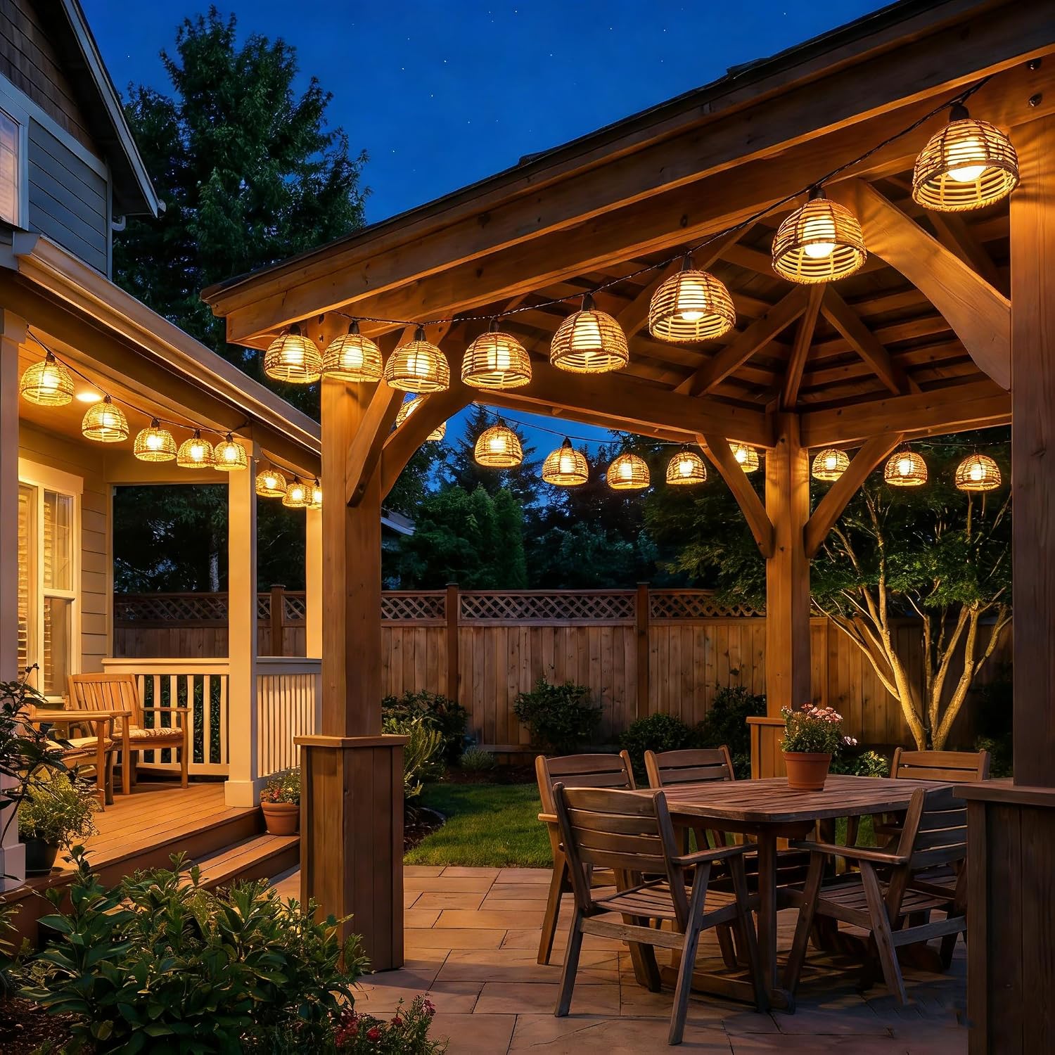 Solar Wicker Boho Patio String Lights
